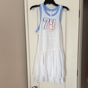 Daily Practice White Tiered Midi Dress with Blue Trim